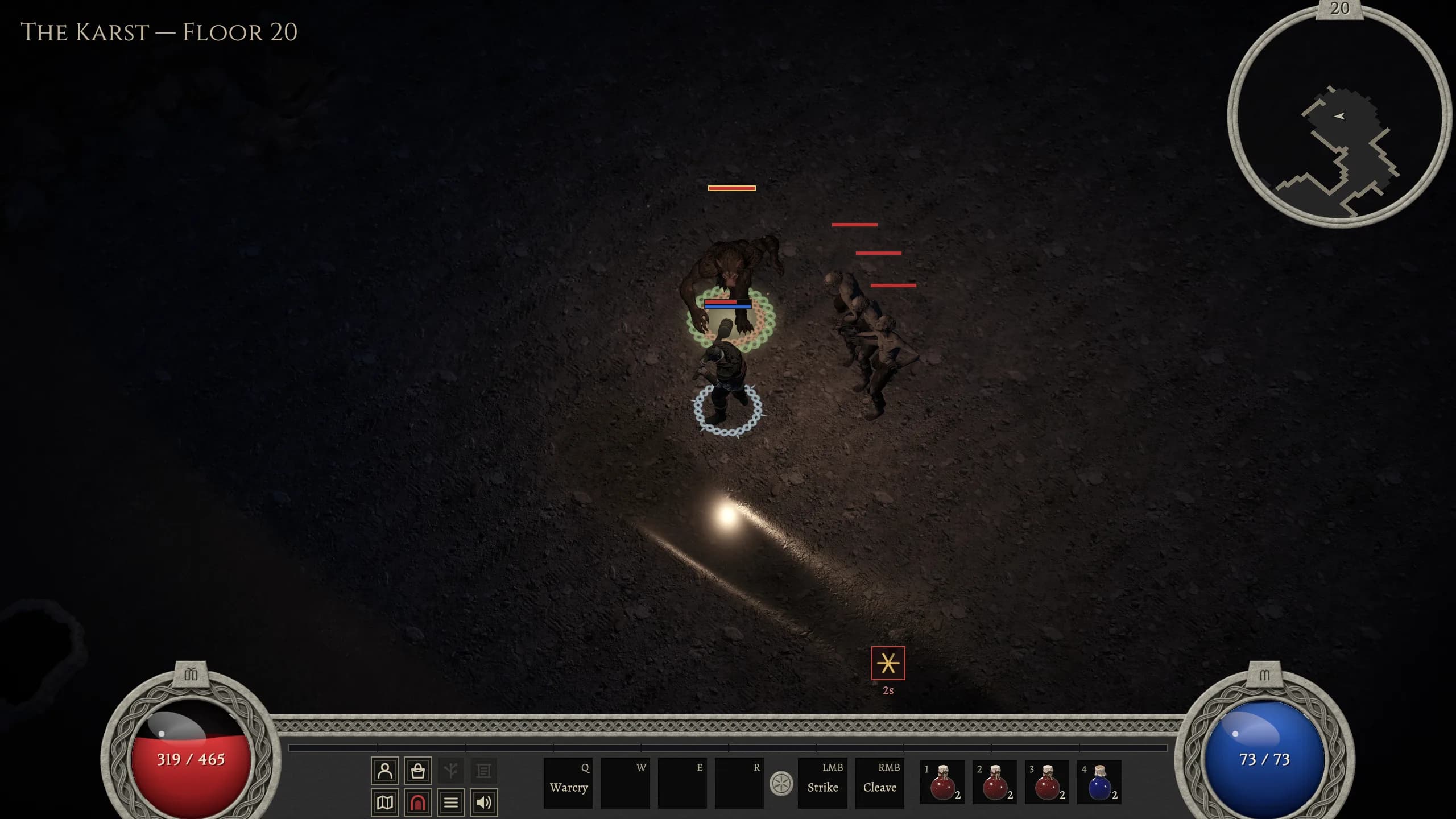 An elite Bjesnik on floor 20 with two woven marks at its feet, green and orange, over a chilled Hajduk in a ring of frost, as a pack of Upiri closes in