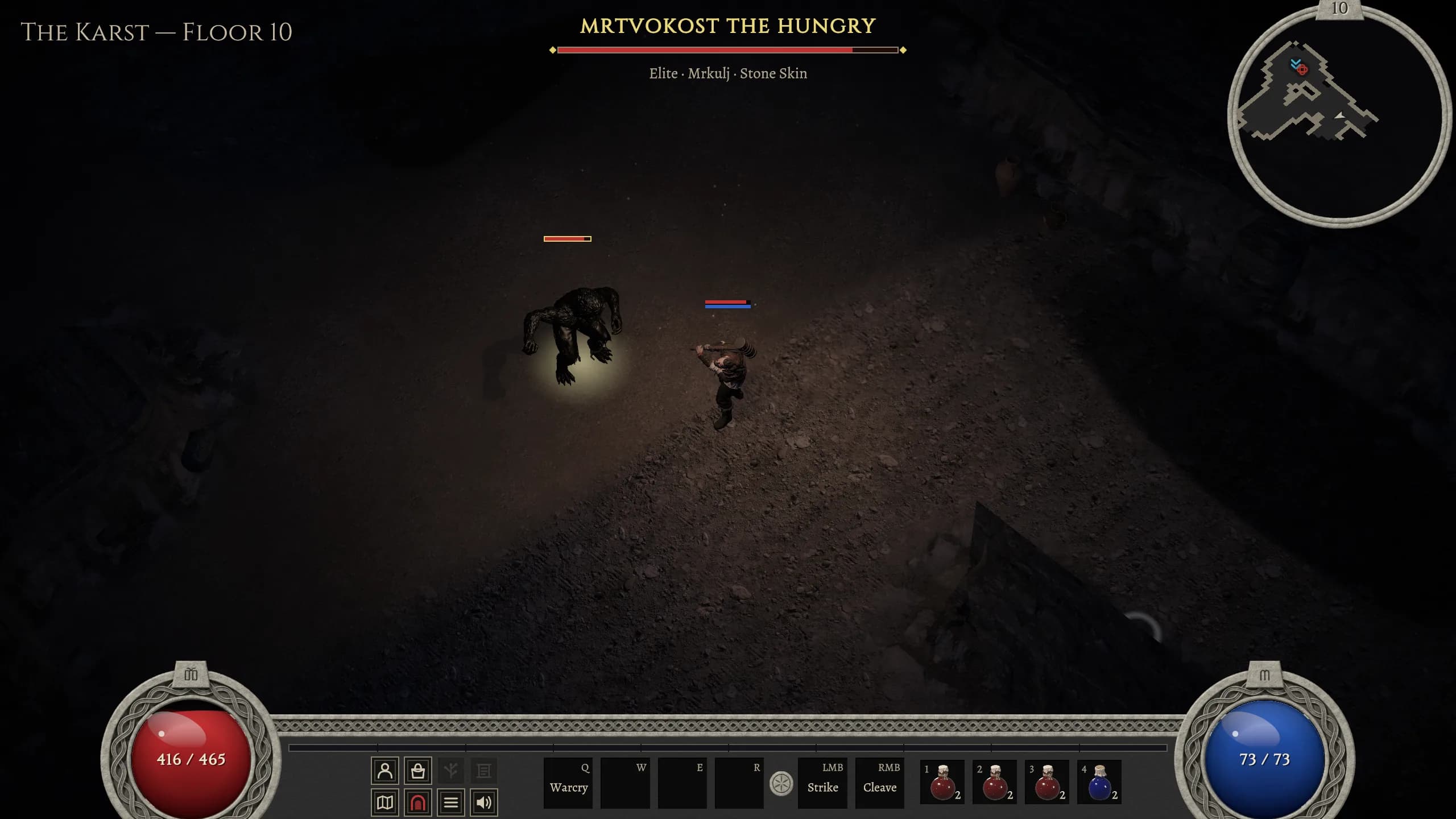 Mrtvokost the Hungry, an elite Mrkulj with Stone Skin, crouching in its yellow glow beside a Hajduk on floor 10 of the Karst