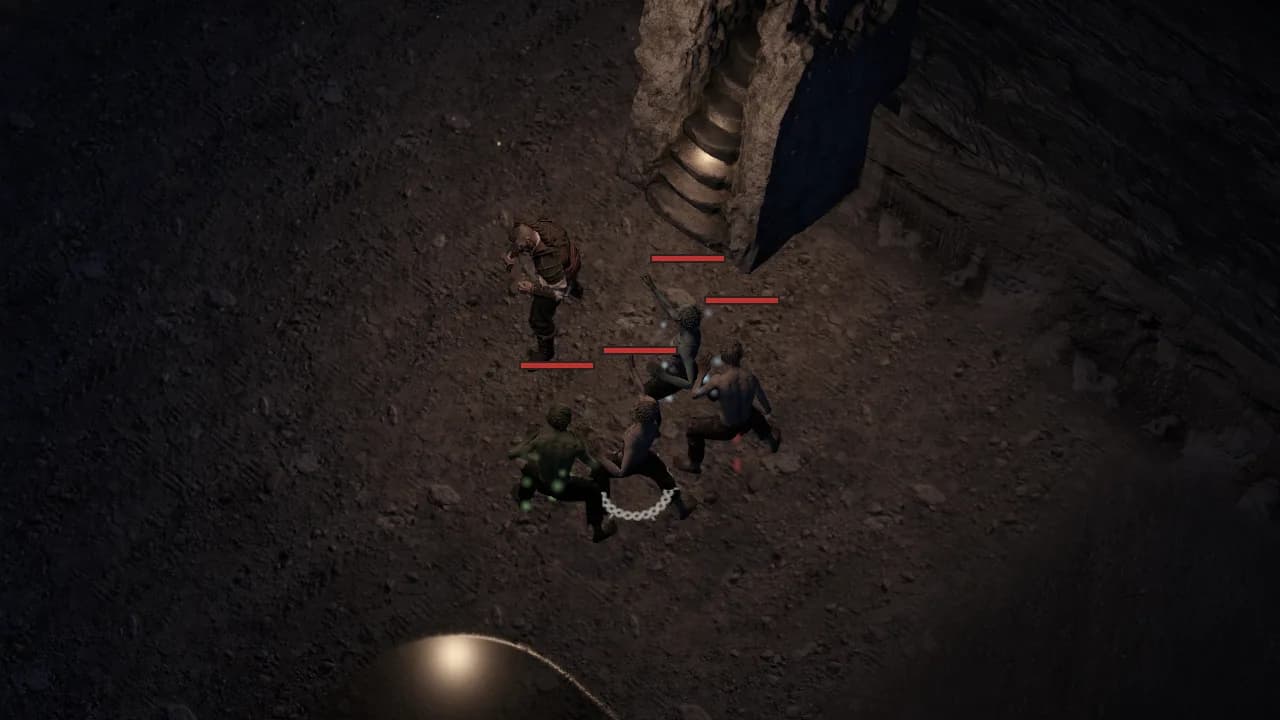 Five Mrtvaci around a Hajduk on floor 1, each under a different status: green poison motes, a chain ring for Slowed, frost, blood drops and terror's smoke