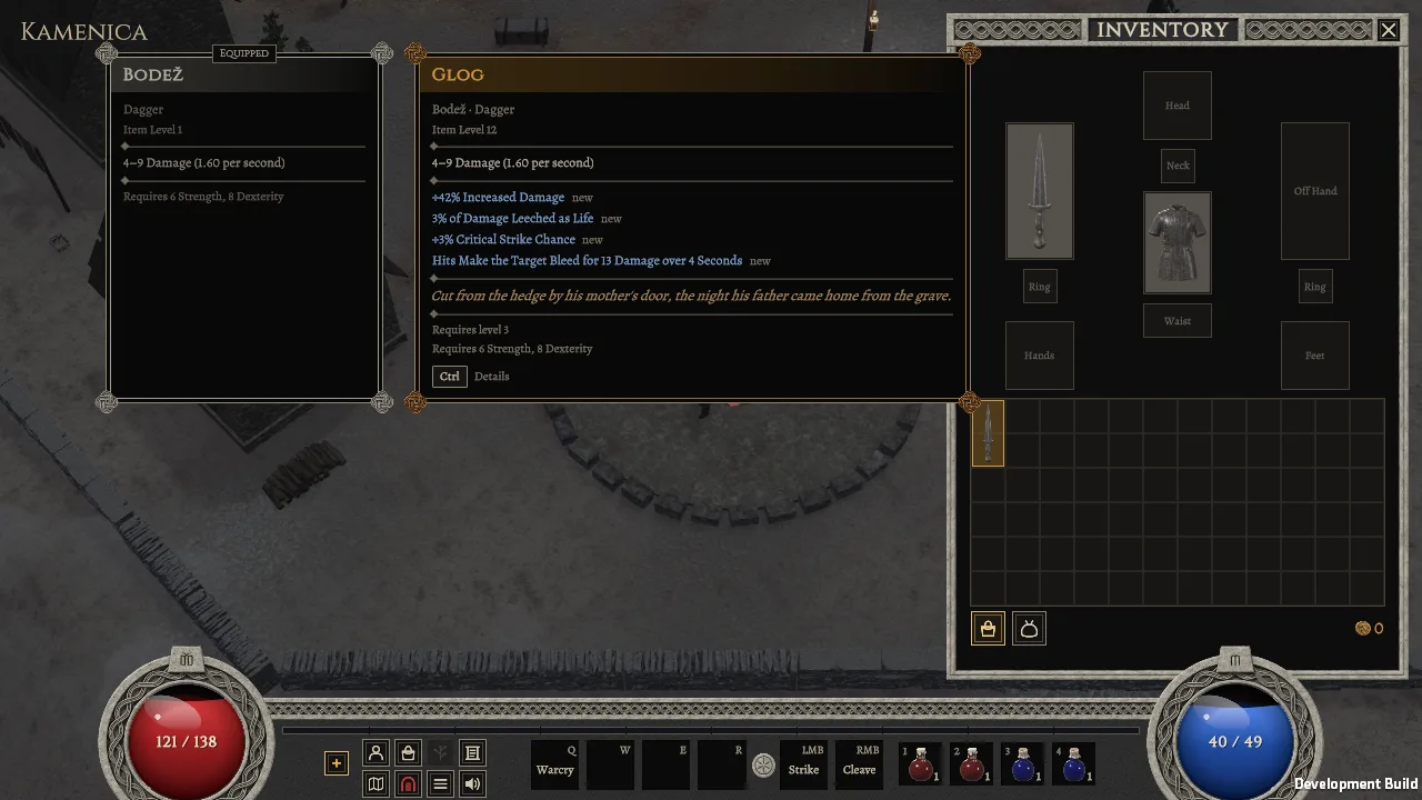 Glog's tooltip in Kamenica next to the worn Bodež it would replace: 42% increased damage, life leech, critical strike chance and a bleed line, each marked new, under its flavor line