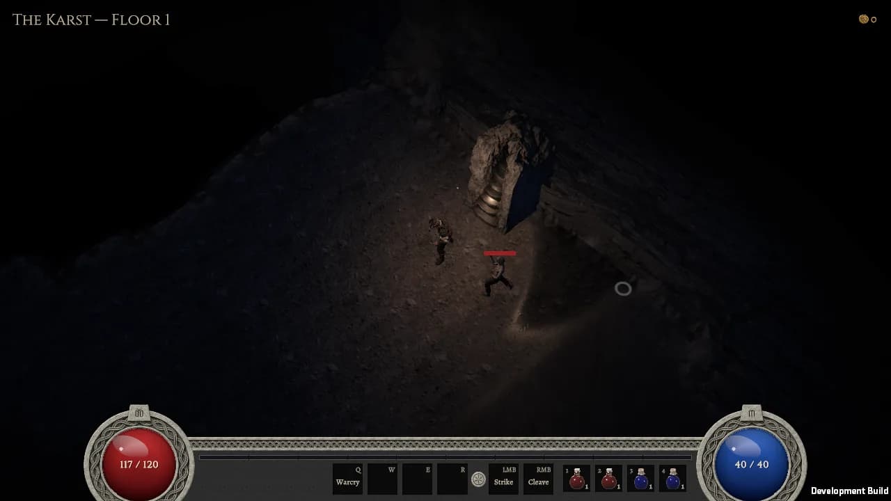 A fight on floor 1 of the Karst: the life and mana orbs in their carved cradles at both ends of the bar, the skills and potions between them