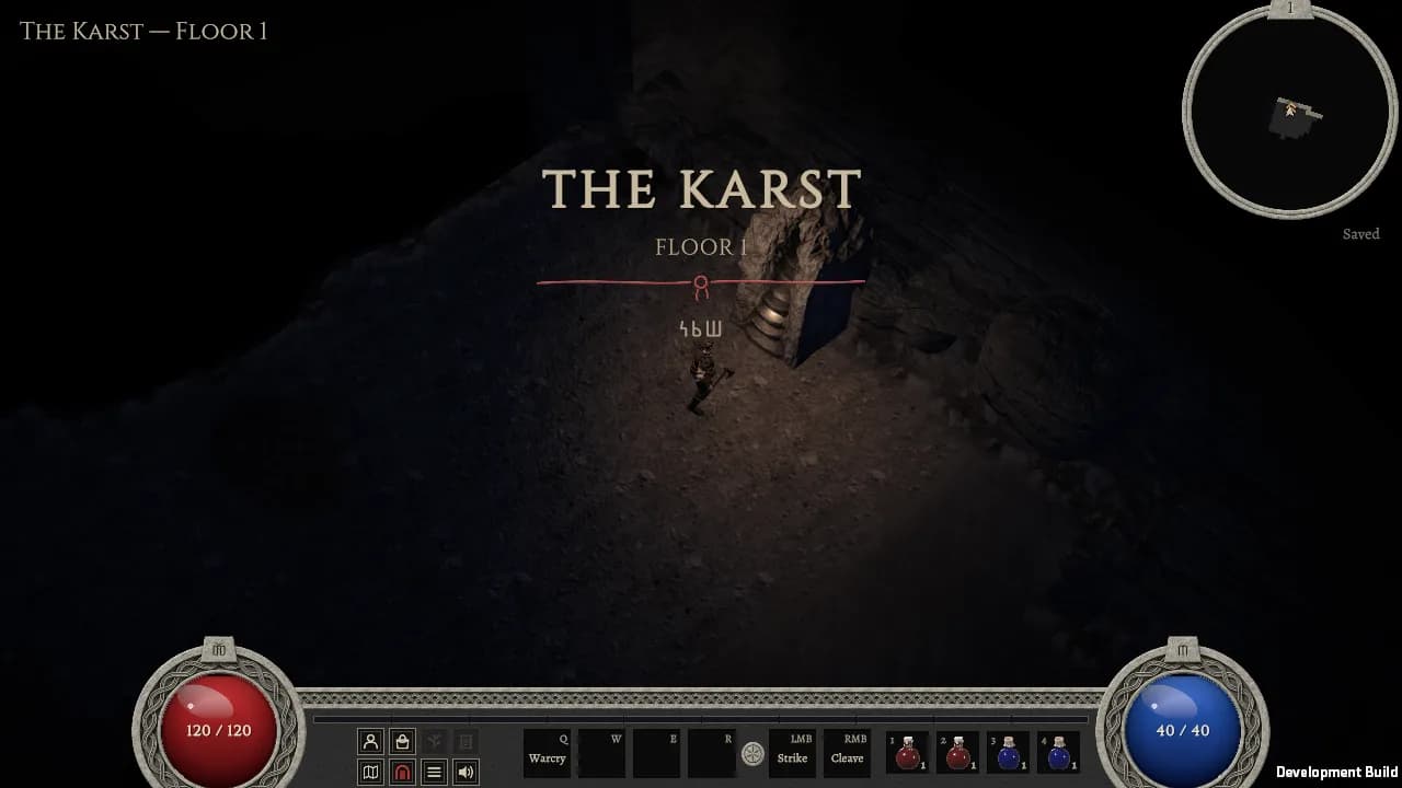 Arriving on floor 1 of the Karst: the floor's name above a red thread with its knot, Glagolitic letters below, and the corner map in its stone ring