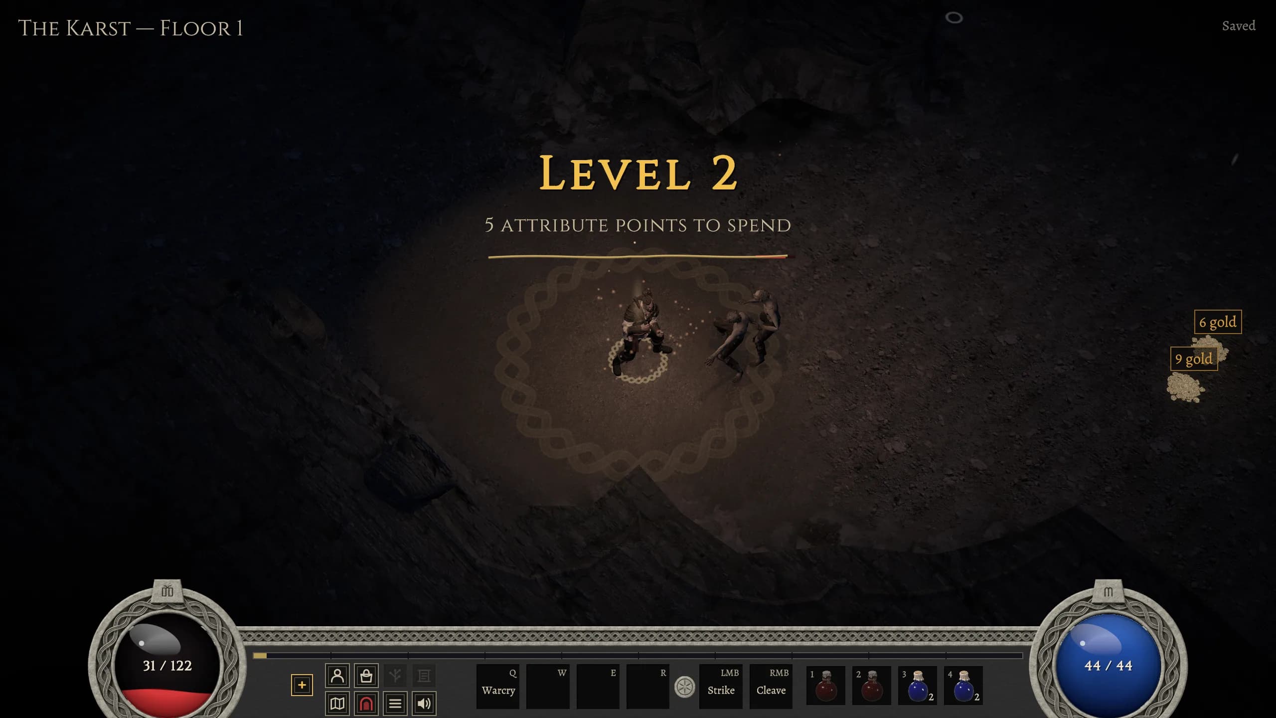 A Hajduk reaching level 2 on floor 1: a gold woven ring spreads across the floor around the hero under the words Level 2, 5 attribute points to spend