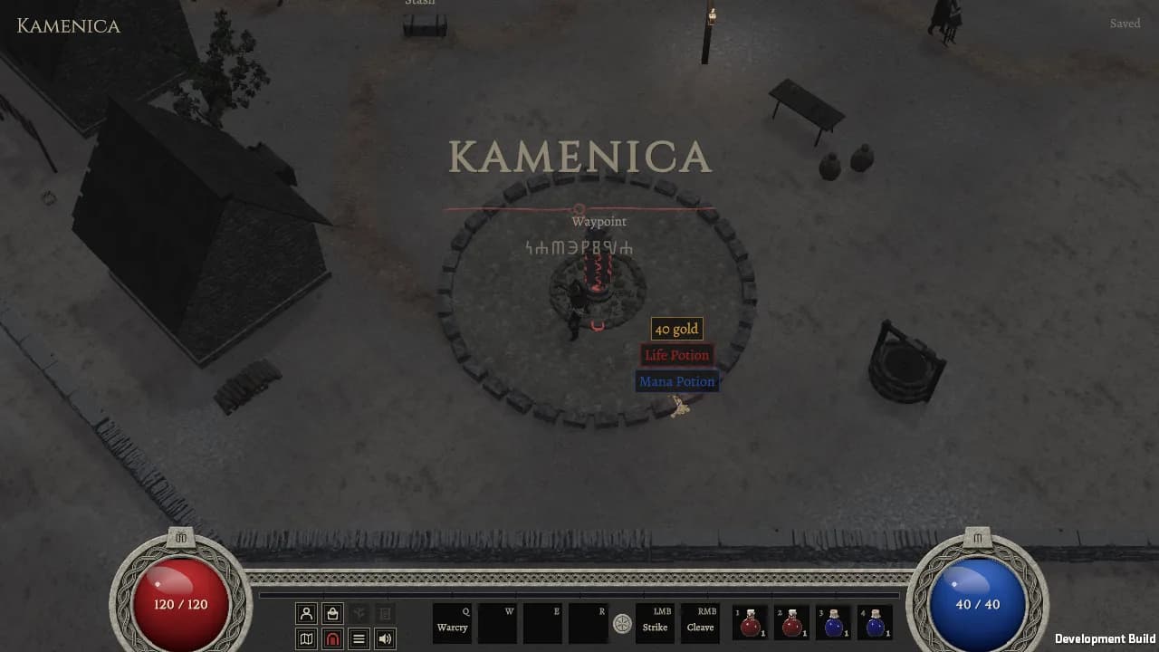 Gold, a Life Potion and a Mana Potion lying in the square of Kamenica, each with a colored label