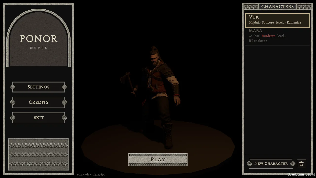 The main menu: the PONOR tablet carved in limestone, a Hajduk with an axe, and the character list
