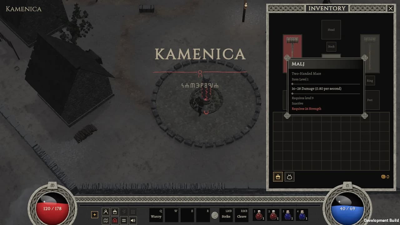 A Malj, a two-handed mace, red on the character's doll with its ghost in the off hand, and its tooltip saying Inactive and Requires 26 Strength in red
