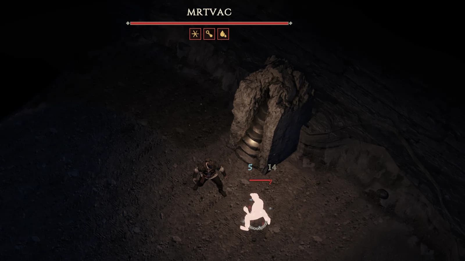 A Hajduk striking a Mrtvac on floor 1 of the Karst: a blue cold number and a white physical one rise over it, a red bleed tick beside its bar, and the chill, Slowed and bleeding icons under its name