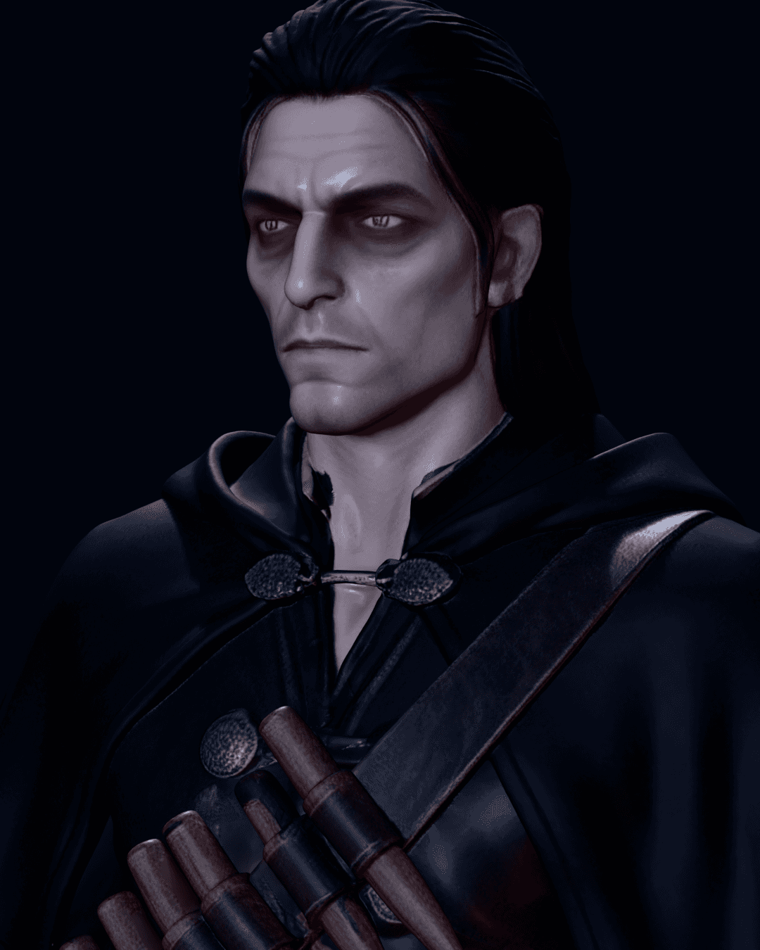 Portrait of the Dhampir: a pale, amber-eyed hunter in a black hood with a bandolier of hawthorn stakes