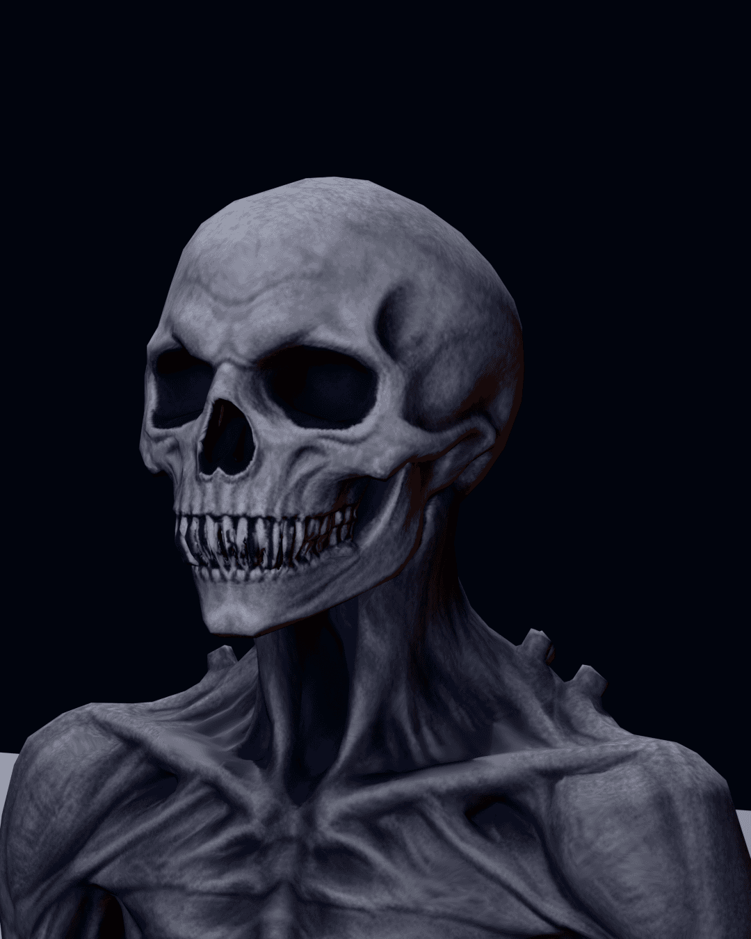 Portrait of a drekavac: a skull-faced creature with a gaunt, ribbed body