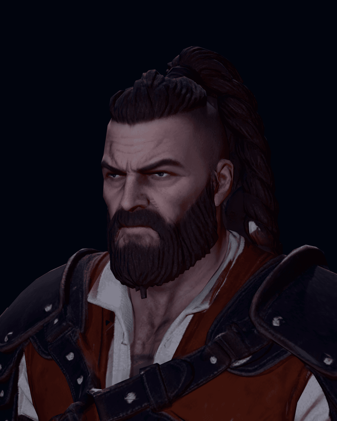 Portrait of the Hajduk: a bearded mountain outlaw in a red vest and leather pauldrons