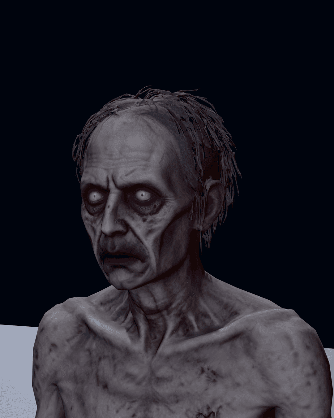 Portrait of a mrtvac: a gaunt, gray-skinned corpse with pale, staring eyes