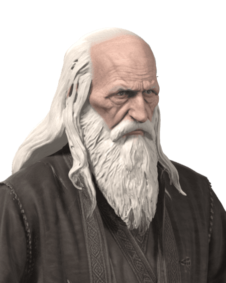 Portrait of Radomir the elder: an old man with long white hair and a white beard