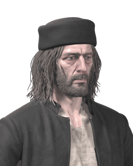 Portrait of Svetozar the scribe: a tired-looking man with long gray hair and a black cap