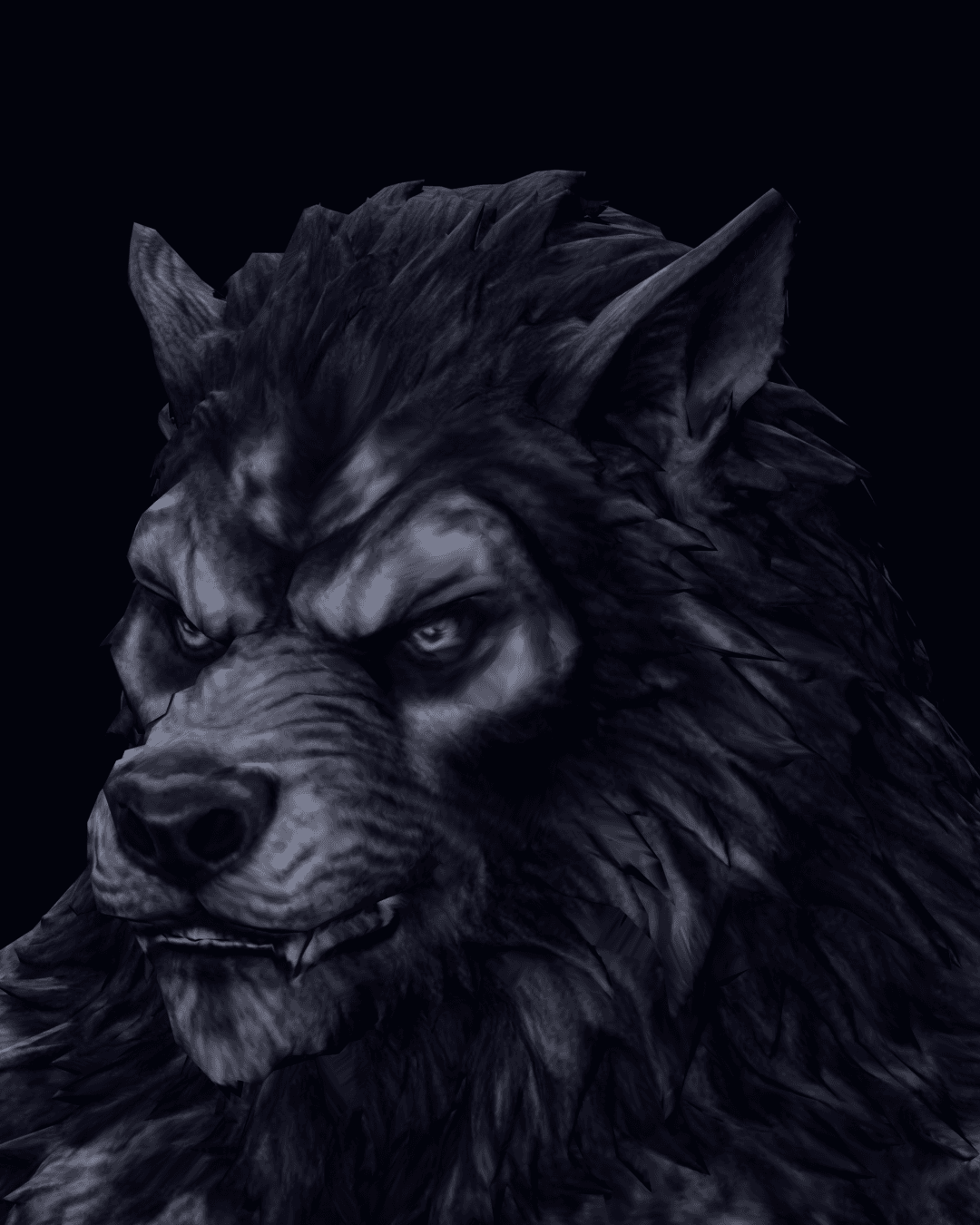 Portrait of a vukodlak: a black-furred wolf’s head with amber eyes
