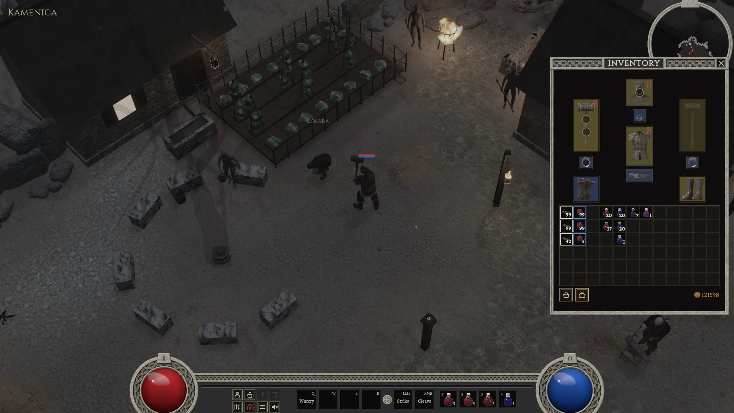 The Pouch page of the bag: stacks of Iron and Thread beside stacks of potions