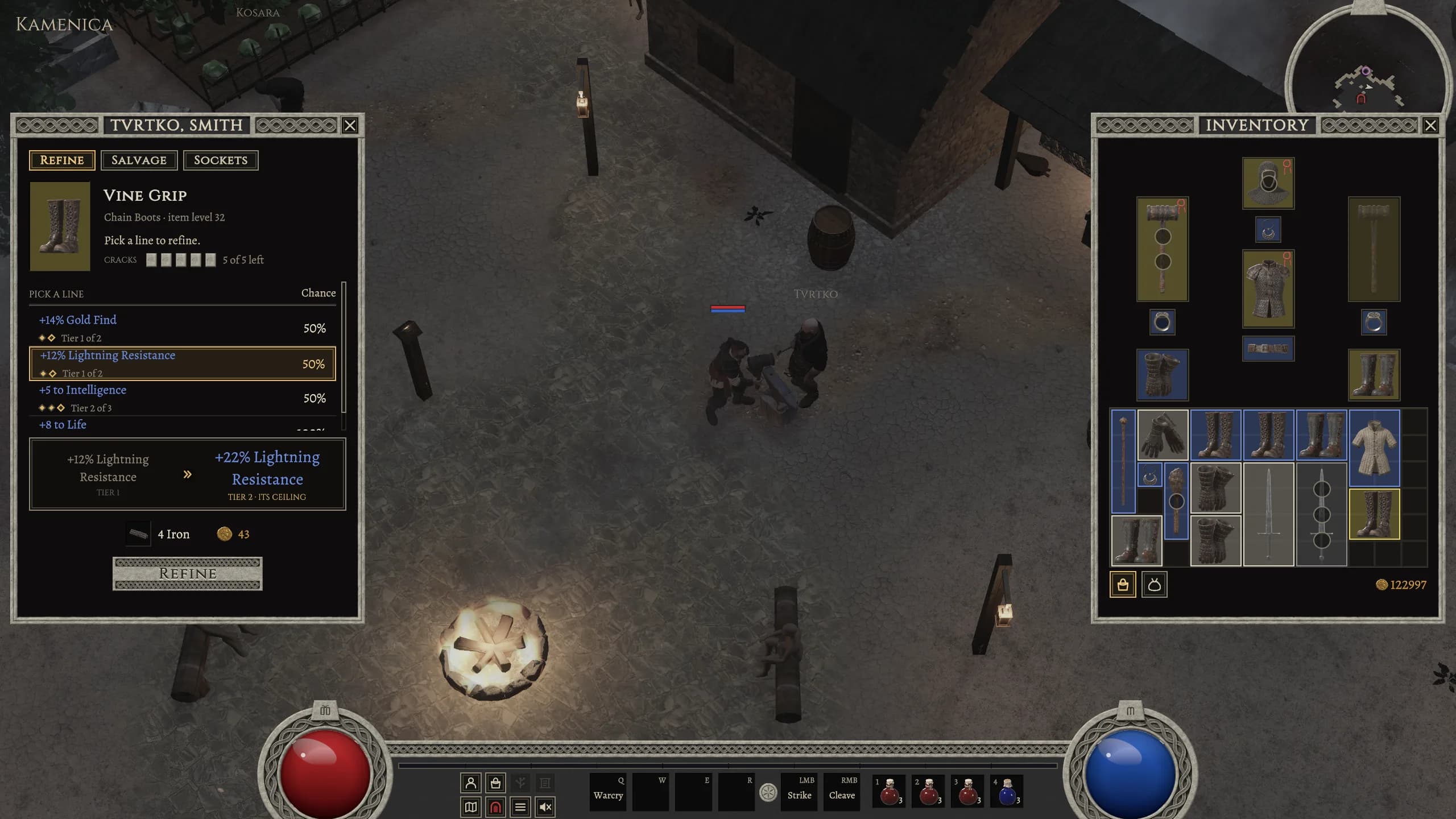 Tvrtko's Refine tab: +12% Lightning Resistance picked at a 50% chance, to become +22%, its ceiling, for 4 Iron