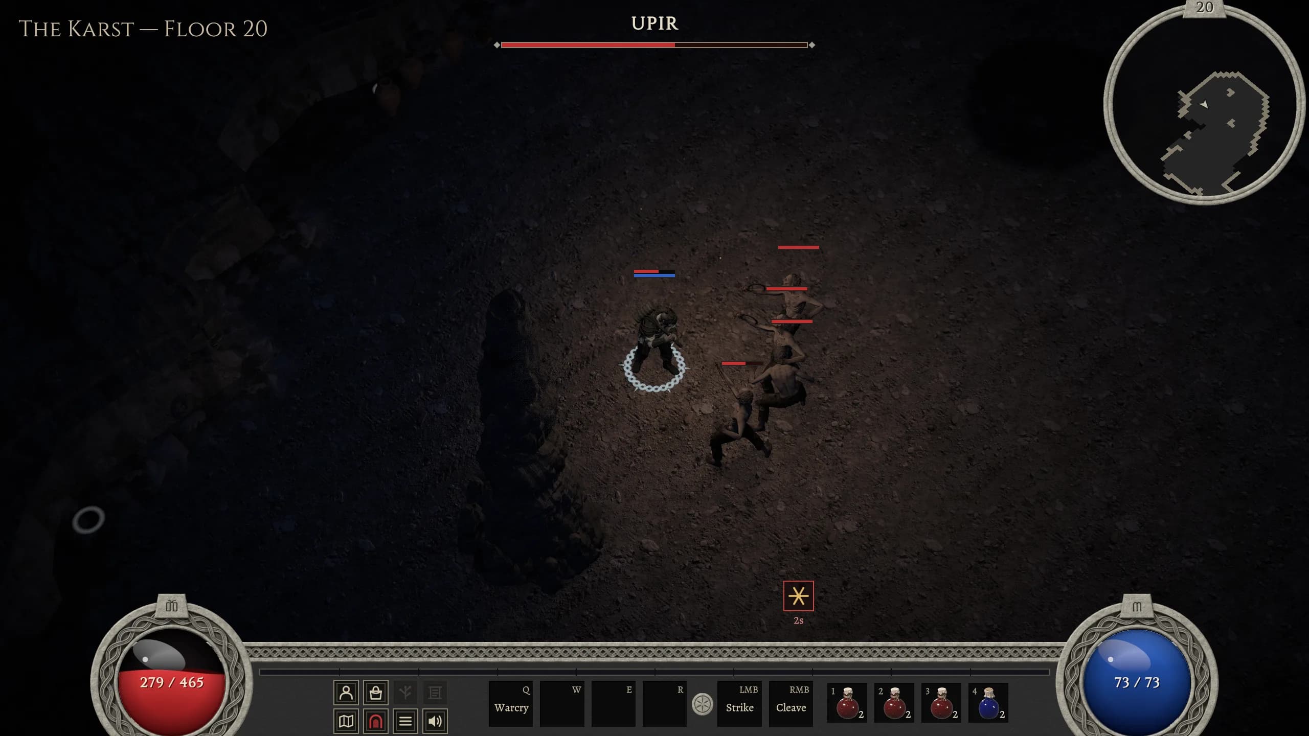 A pack of four pale Upiri with sickles in their hands closing on a chilled Hajduk, a ring of frost at its feet, on floor 20