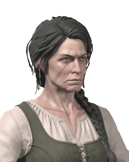 Portrait of Biljana the herbalist: a stern woman with dark braided hair in a green bodice